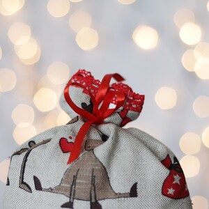 Christmas linen gift bags. Rudolf and Santa ornament sack. Santa gift bag. Christmas favor bags. Xmas accent pouch with red lace image 3