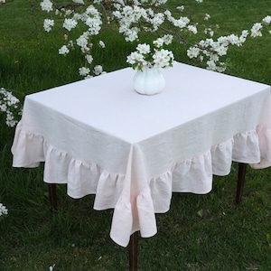 Linen ruffle tablecloth. Soft table linens. Pink wedding table decor. Pink shabby chic ruffled tablecloth. Custom size tablecloth