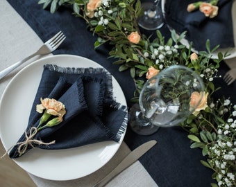 Dark blue linen fringe napkins, navy blue wedding linen napkins, soft washed linen napkins, cloth wedding napkins, raw edges dinner napkins