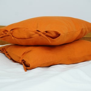 Burnt Orange pillow case with tie closure. Orange washed linen pillow cover. Natural linen pillowcases with ties. Euro sham linen pillow