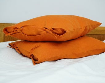 Burnt Orange pillow case with tie closure. Orange washed linen pillow cover. Natural linen pillowcases with ties. Euro sham linen pillow