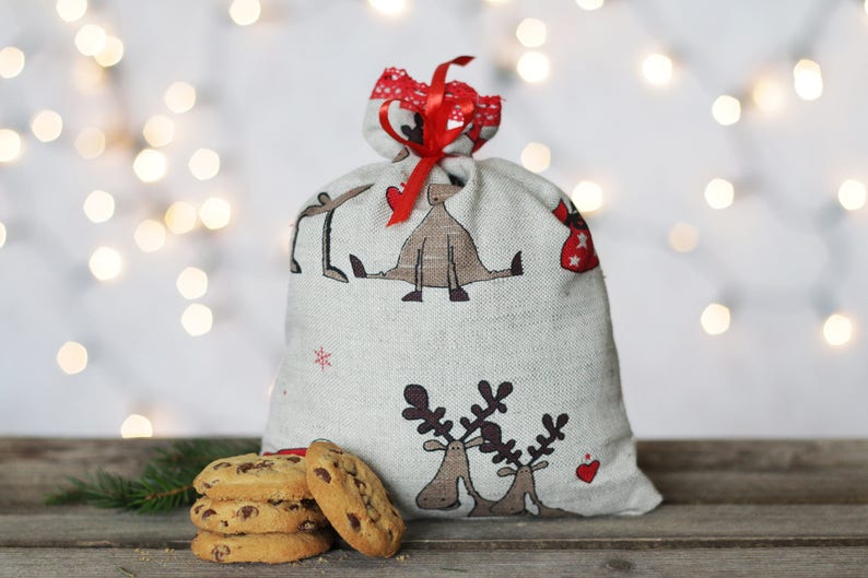 Christmas Linen Gift Bags Rudolf Decor Ornament Santa Sack Etsy