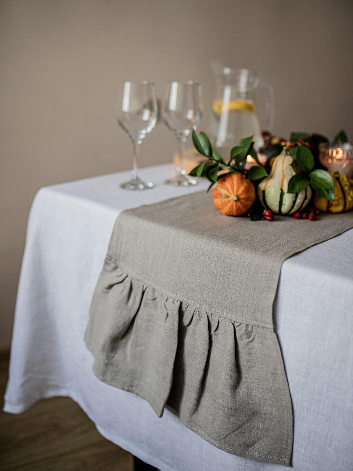 Linen Ruffle Table Runner Striped Farmhouse Table Runner. Ruffled Table Runner. Linen Table ...