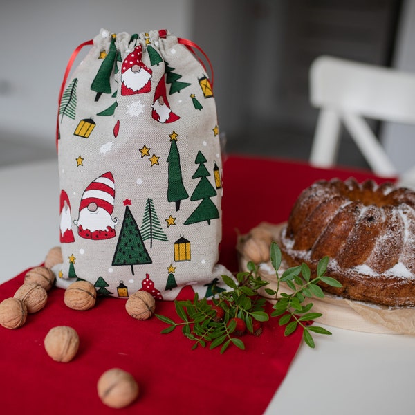 Sac cadeau de Noël, sacs d’emballage de Noël, sacs de friandises de Noël, sacs-cadeaux en tissu imprimé nain, sac Gnome de Noël, sac de bonbons de Noël