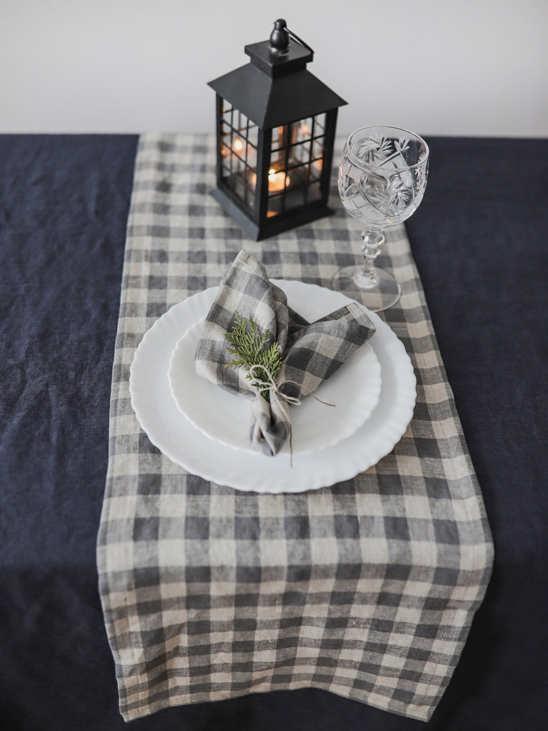 Plaid Washed Linen Table Runner, Gray Check Table Runners, Linen Table