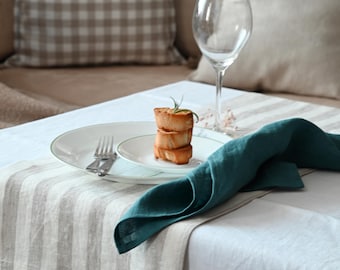 Striped Washed Linen Table Runner – Neutral Rustic Table Decor – Farmhouse Dining Table Linens