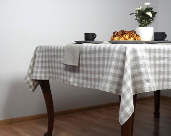 Natural Linen Gingham Tablecloth, Checkered Undyed Table Linens, Custom size tablecloth