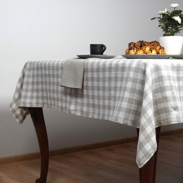 Linen tablecloth in Natural gingham. Softened linen tablecloth. Rustic farmhouse tablecloth. Checkered table linens. Custom size tablecloth