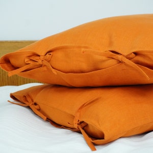 Tie Closure Linen pillow covers. Natural linen pillowcases with ties. Washed linen pillow shams. Standard, Queen, King pillows covers 1. Burnt orange