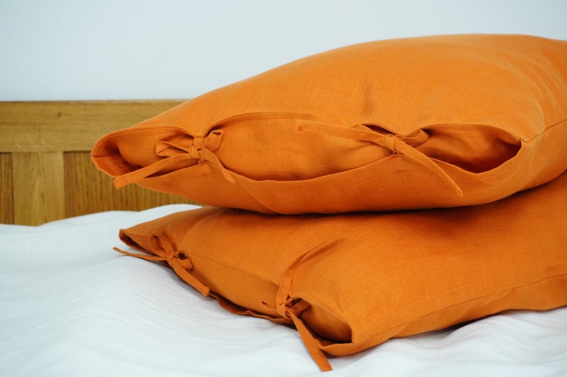 Tie Closure Linen pillow covers. Natural linen pillowcases with ties. Washed linen pillow shams. Standard, Queen, King pillows covers 1. Burnt orange