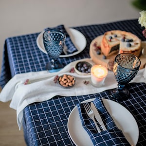 Plaid navy blue linen table cloth, blue grid wedding table cloth, check blue tablecloths, linen dinning tablecloths, check flax tablecloth