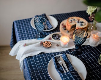 Plaid navy blue linen table cloth, blue grid wedding table cloth, check blue tablecloths, linen dinning tablecloths, check flax tablecloth