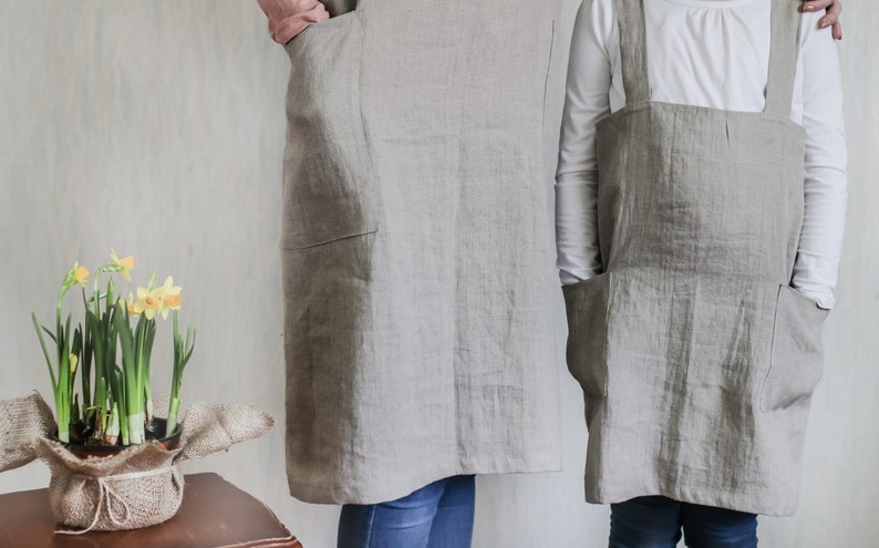 Linen pinafore apron, Japanese style apron, full linen apron, long linen apron, apron dress, cross back apron, loose fit apron, mom gift image 3