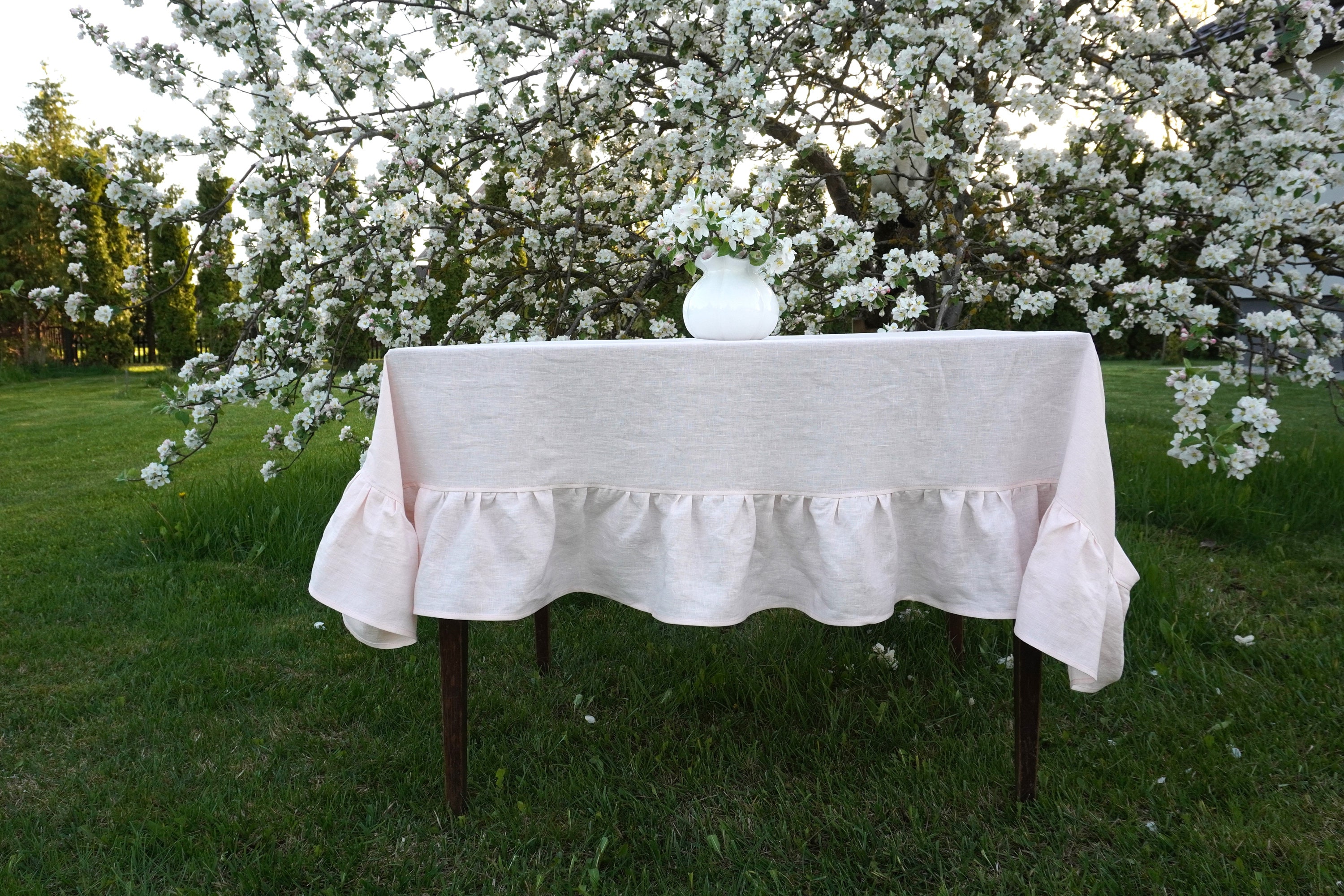 Pink Ruffle Tablecloth Linen Ruffle Tablecloth. Soft Table Linens. Pink Wedding Table Decor ...