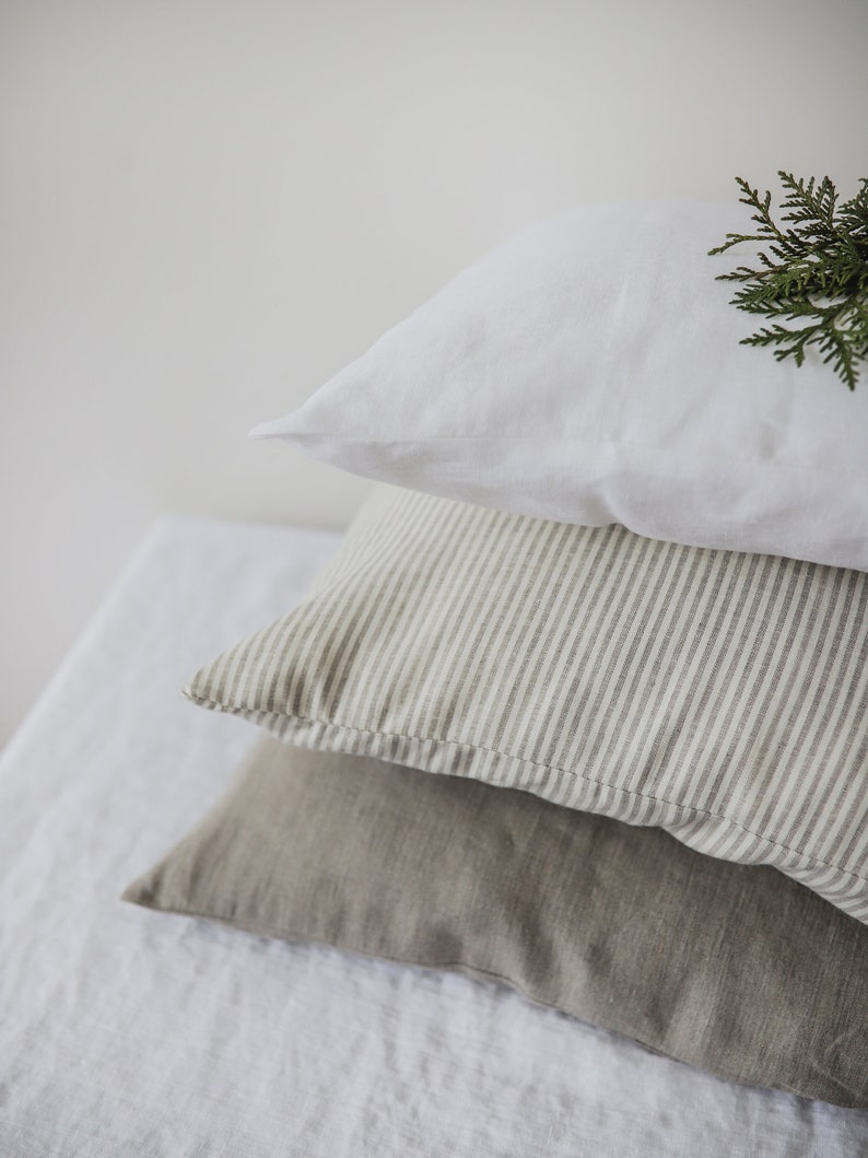 Gray, white, striped linen pillow case, natural bed linen, soft pillowcase, rustic pillowcase, standard pillow case, natural pillowcase, image 7