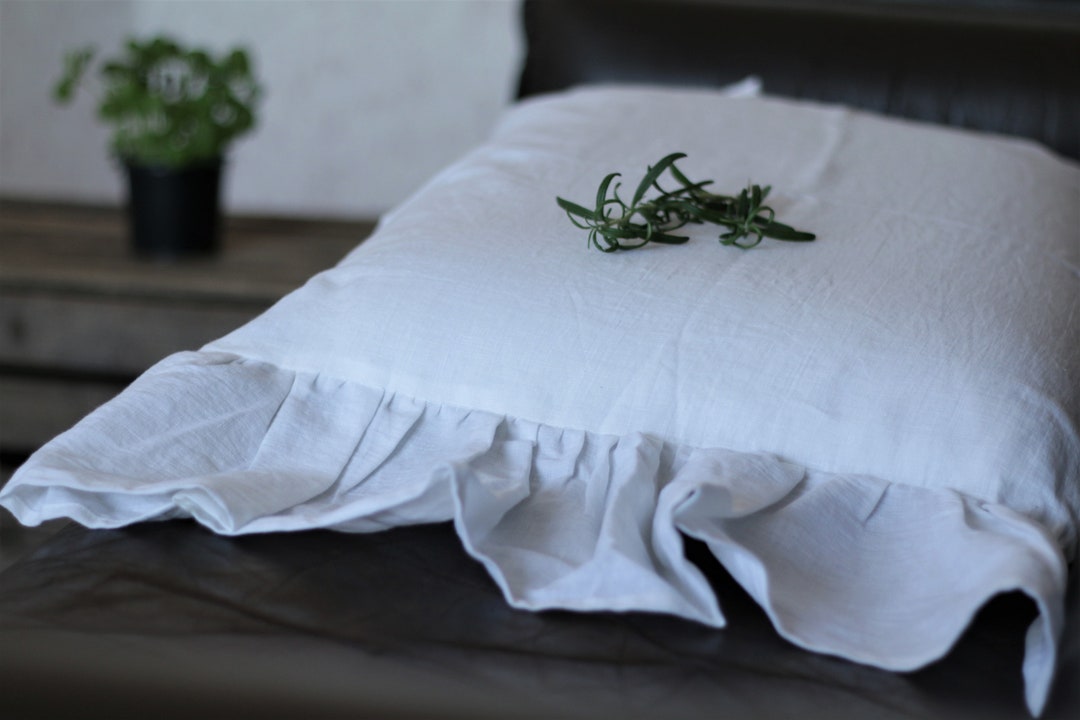 Natural Linen Bedroom Pillow Case With Ruffles, Ruffled Linen Pillow