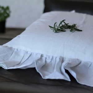 Natural linen bedroom pillow case with ruffles, ruffled linen pillow shams Standard, Queen, King size