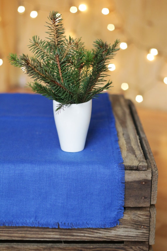 TABLE Runner royal blue pure linen dinning table decor flax linens housewares tablecloth fringed home decoration kitchen decor