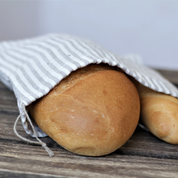 Natural linen, striped bread bag, bread keeper, linen drawstring bag, bag for bread, rustic linen bag, linen bag pouch, eco bread bag,