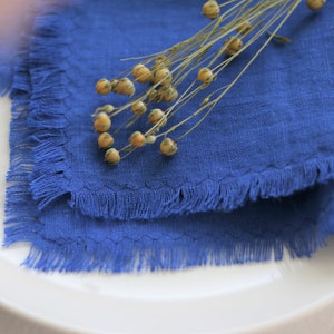 Pu&ograve; includere: Un tovagliolo di lino blu con un bordo sfrangiato, piegato e posizionato su un piatto bianco. Un rametto di fiori di lino secchi &egrave; posizionato sopra il tovagliolo.