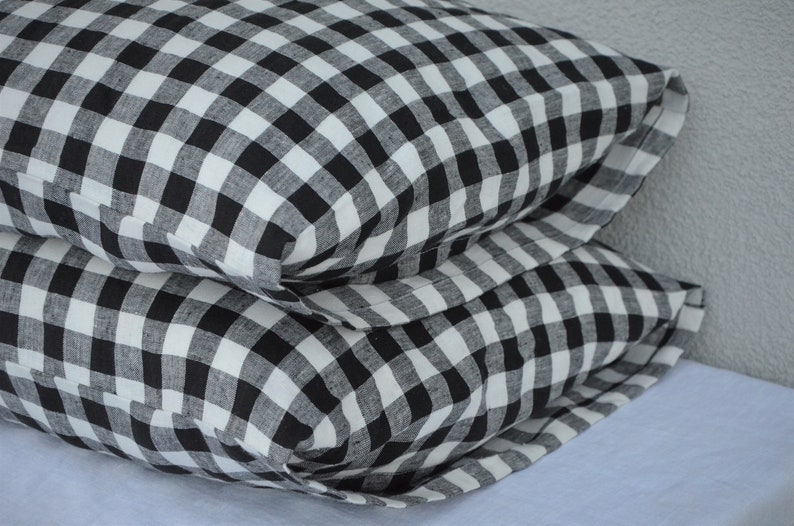 Funda de almohada de lino a cuadros blancos y negros, funda de almohada de lino a cuadros, funda de almohada a cuadros, funda de almohada de lino a cuadros, almohada a cuadros imagen 6