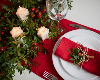 Tarklanda Runner da Tavola Natale, Tovaglia Fiore Rosso in Lino, Natalizia Decorazione per