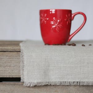 Natural Linen Table Runner with Fringed Edges – Rustic Farmhouse Table Decor