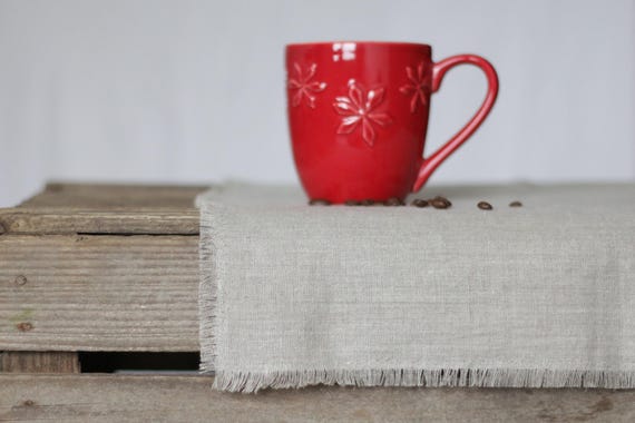 Natural Linen Table Runner with Fringed Edges – Rustic Farmhouse Table Decor
