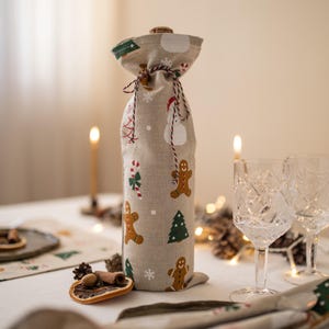 Sacchetto per bottiglie di vino natalizio con omino di pan di zenzero. Copribottiglia di vino festivo. Sacchetto per vino natalizio. Sacchetto regalo per bottiglie di Natale. Decorazione natalizia