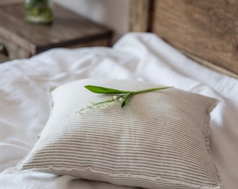 Striped natural linen pillowcase with a zipper. Stripes linen cushion with fringe. Soft, washed linen pillow cover. Small, large pillow sham