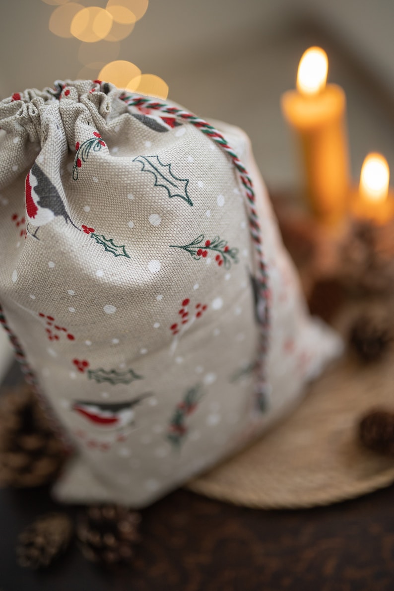Linen Fabric Christmas Candy Treat Bag. Christmas Kids Gift Bags. Xmas