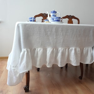 Linen ruffle tablecloth. Washed soft linen tablecloth with ruffles. Festive tablecloth. Shabby chic ruffled tablecloths. Custom sizes.