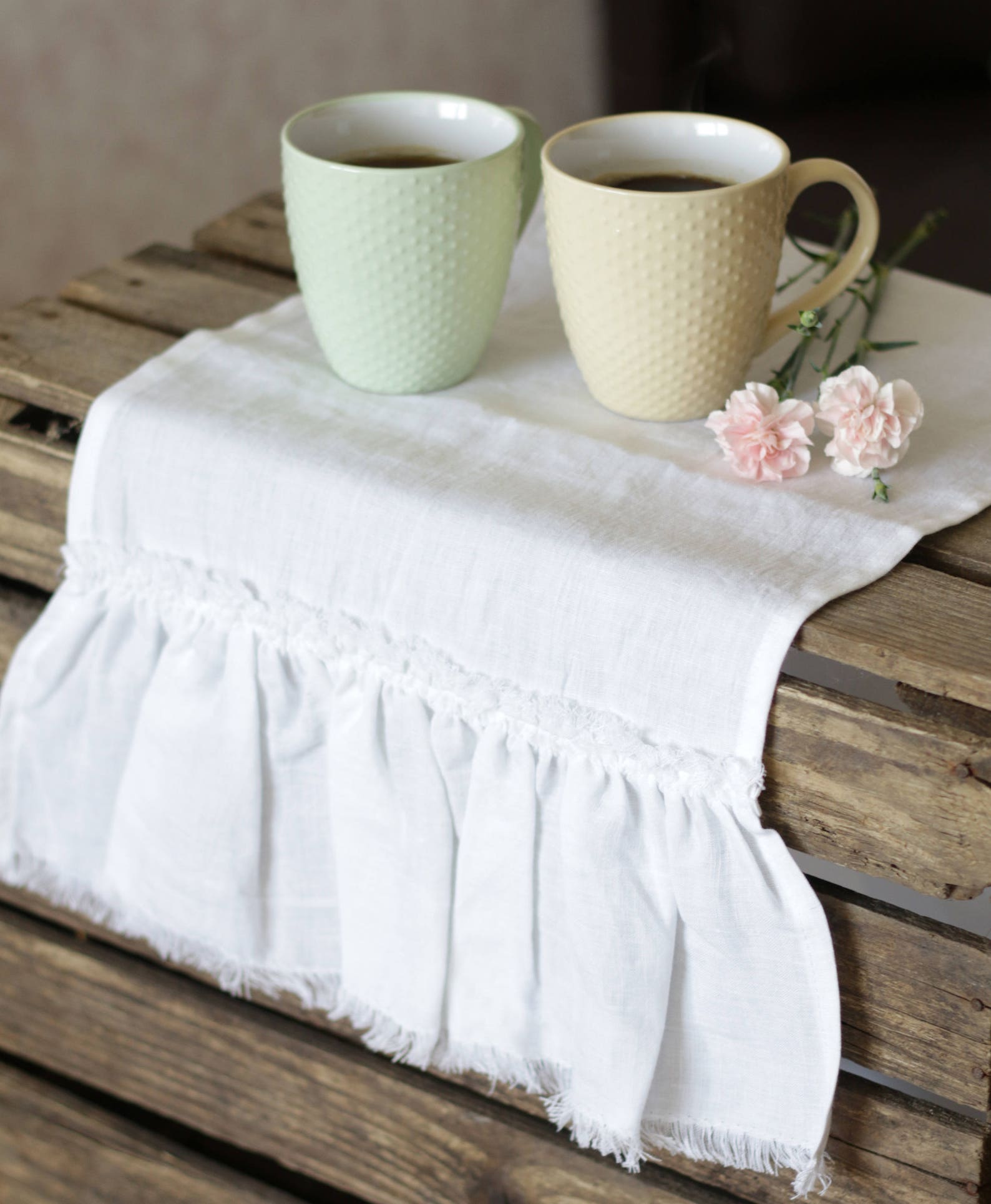 Linen Ruffle Table Runner White Linen Table Runner, Ruffled Table Runner, Washed Linen Table ...