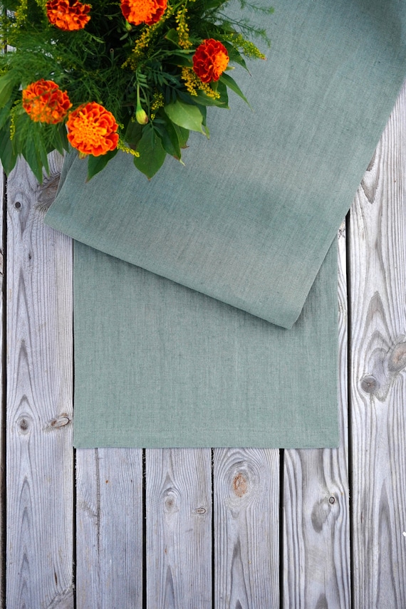 Sage Green Linen Table Runner – Stone Washed European Linen, Dining Table Decor