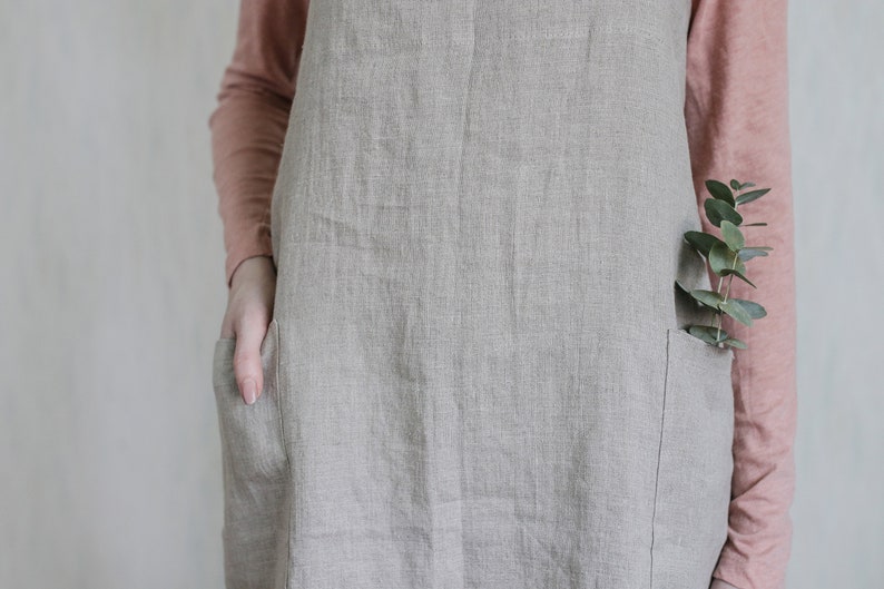 Linen pinafore apron, Japanese style apron, full linen apron, long linen apron, apron dress, cross back apron, loose fit apron, mom gift image 5