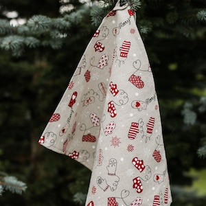 Merry Christmas hand towel, Christmas linen kitchen towels for gift, Christmas tea towels for kitchen decor, natural linen cotton dish towel