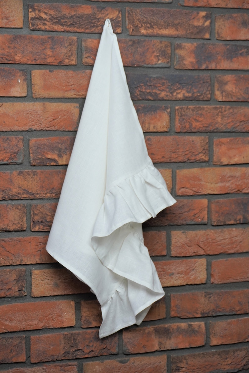 Natural linen hand towels with ruffles for farmhouse kitchen decorating, shabby chic towels, long-lasting fabric tea towels image 3
