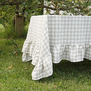 Natural linen ruffled tablecloth. Large gingham tablecloth. Farmhouse linen tablecloth. Flax ruffled tablecloth. Custom size tablecloth