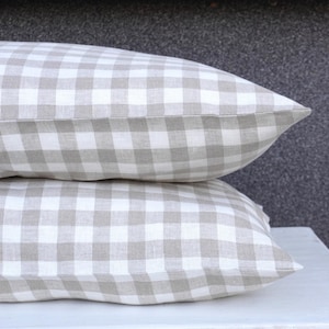 Funda de almohada de lino lavado natural a cuadros vichy. Funda de almohada de lino a cuadros. Ropa de cama de lino a cuadros vichy. Funda de almohada de lino a cuadros vichy. Funda de almohada personalizada.