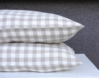 Natural washed linen gingham pillow cover. Plaid linen pillow sham. Natural gingham bed linen. Linen gingham pillow case. Custom pillow case