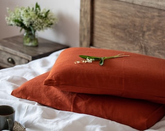 Terracotta linen pillowcase for fall home decor. Custom size pillowcase. Terracotta linen pillow sham King, Queen, Standard, Lumbar size.