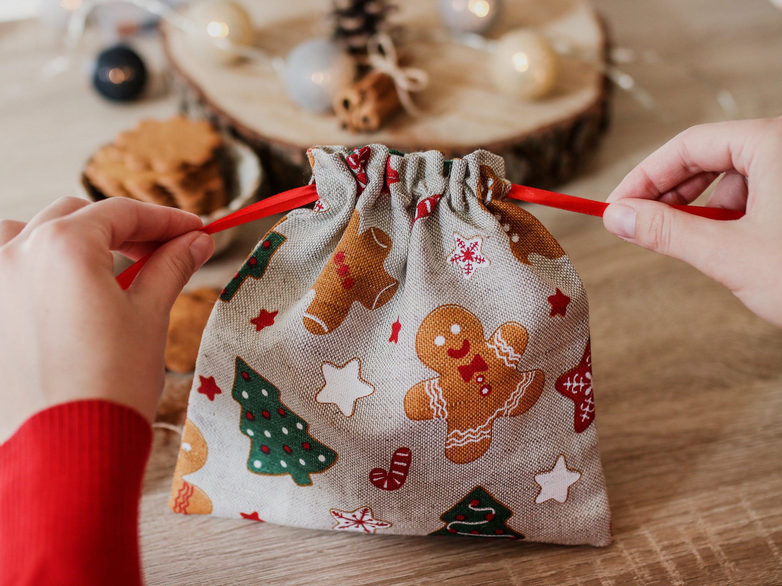 Gift Bags Xmas Pattern Mulitfunction Flax Drawstring Goodie Treat