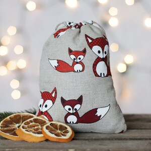 Borsa regalo per le vacanze con volpe, borsa regalo in lino con coulisse, borsa regalo con stampa di animali, borsa regalo per animali del bosco, borsa regalo in tessuto volpe, confezione regalo