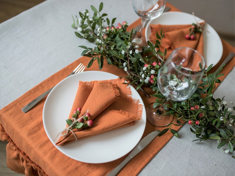 Serviettes en lin Dusty Blue pour mariage, serviettes en tissu de lin ramolli, serviettes en lin pur lavé, serviettes de table en lin à franges Burnt orange