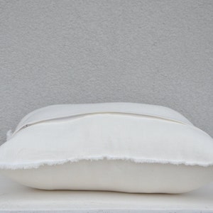 May include: White pillow with a zipper closure and a frayed edge.