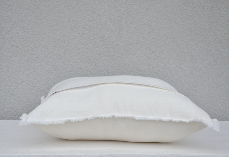 May include: White pillow with a zipper closure and a frayed edge.