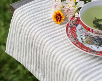 Natural Linen Table Runner with Stripes – Rustic Farmhouse Table Decor – Washed Linen Table Runner – Neutral Dining Table Runner