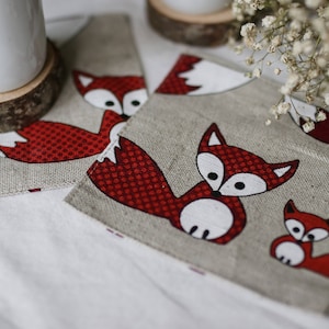 Drink coasters, fox coaster, Woodland tablecloth, animal linens, handmade coasters, wedding coasters, Christmas coasters, table coasters fox image 1