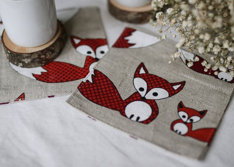 Drink coasters, fox coaster, Woodland tablecloth, animal linens, handmade coasters, wedding coasters, Christmas coasters, table coasters fox image 1