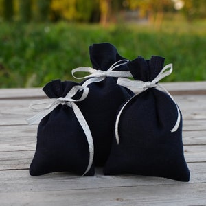 Set 10 Navy blue small favor bags with silver ribbon. Dark blue linen gift bags for guest. Candy, present bags. Blue goodies bags in bulk